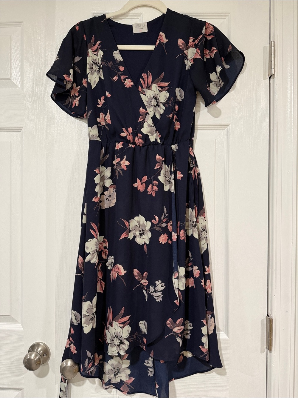 Sienna Sky Navy Floral High-Low Wrap Dress with Pink & Cream Blooms